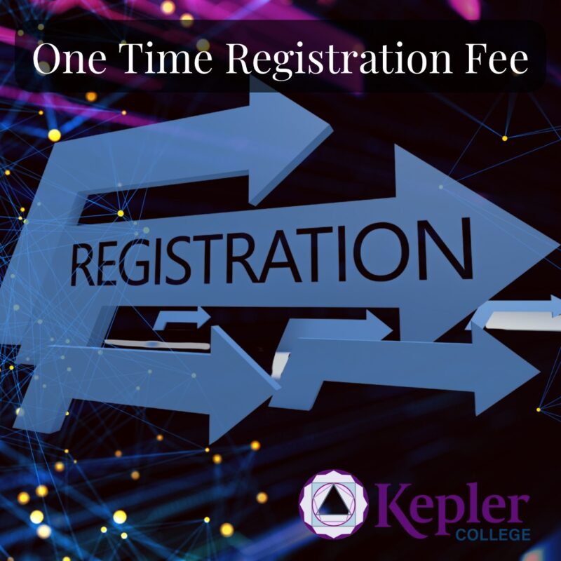 Multiple 3D Blue arrows pointing to the right, with text “registration” on one, black background with digital nodes glowing and connecting, kepler college logo