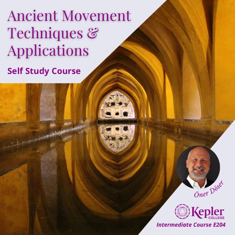 Photograph of ancient hallway temple with successive archways reflected in pool, portrait of Öner Döser, Kepler College logo