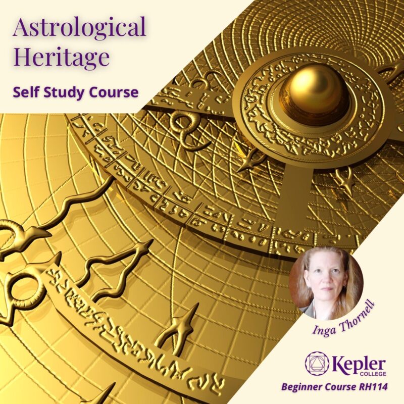 Closeup photograph of ancient, intricate golden astrolabe, portrait og Inga Thornell, Kepler College logo