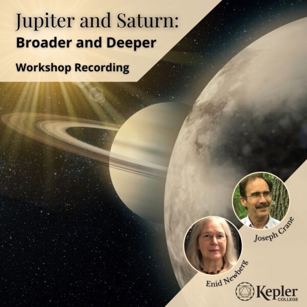 Jupiter and Saturn Workshop Recording, Jupiter and Saturn in space, portraits of Enid Newberg and Jospeh Crane, Kepler College logo