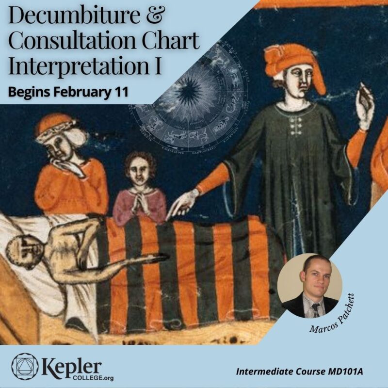 Course MD101A Decumbiture and Consultation Chart Interpretation, Renaissance painting of sick patient with family being examined by doctor while checking time, portrait of Marcos Patchett, Kepler College logo