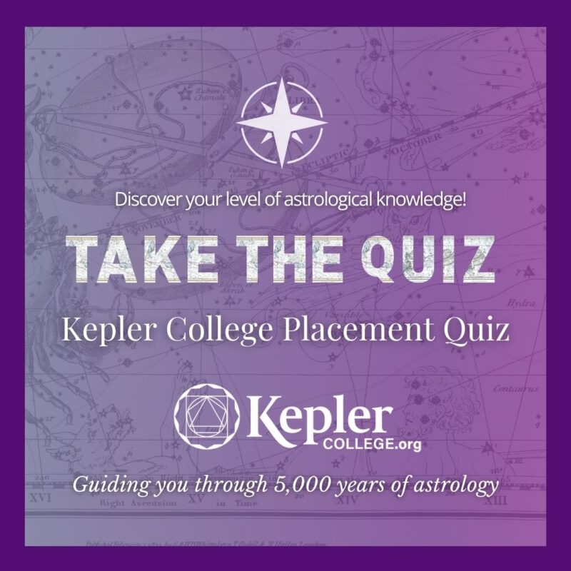 Constellation map in shades of Kepler purple, take the quiz boold letters in contrast white constellation map filled into leters, compass symbol, Kepler College logo and tagline, "Guiding you through 5,000 years of astrology"