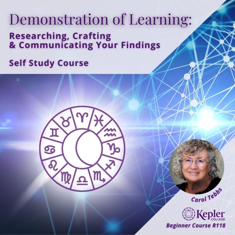Zodiac wheel with glyphs, illuminated against glowing 3D digital network, connecting nodes of light, portrait of Carol Tebbs, Kepler College logo