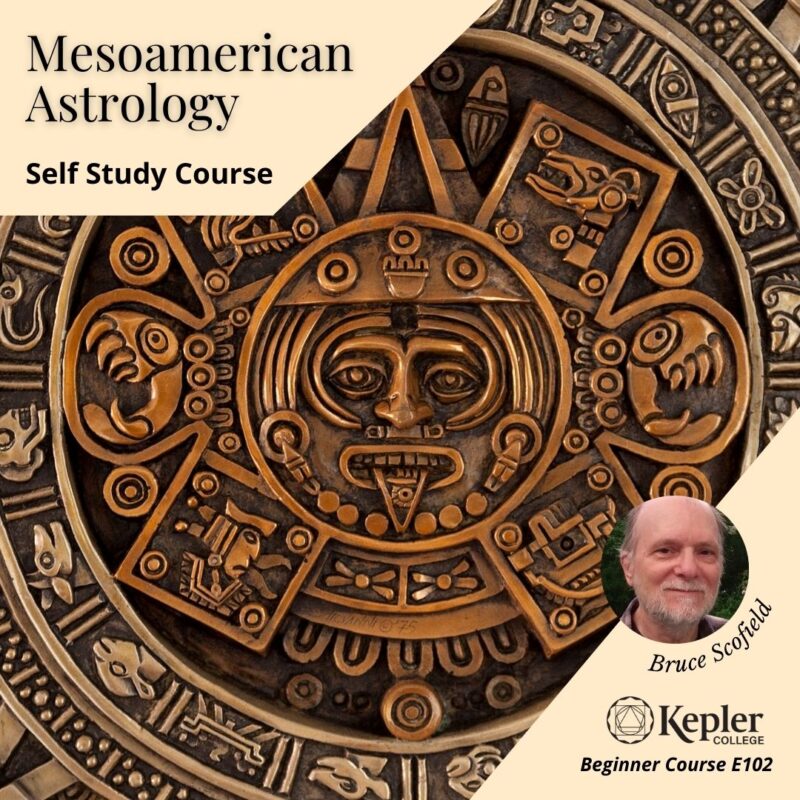 Mayan calendar stone carving, portrait of Bruce Scofield, Kepler College logo