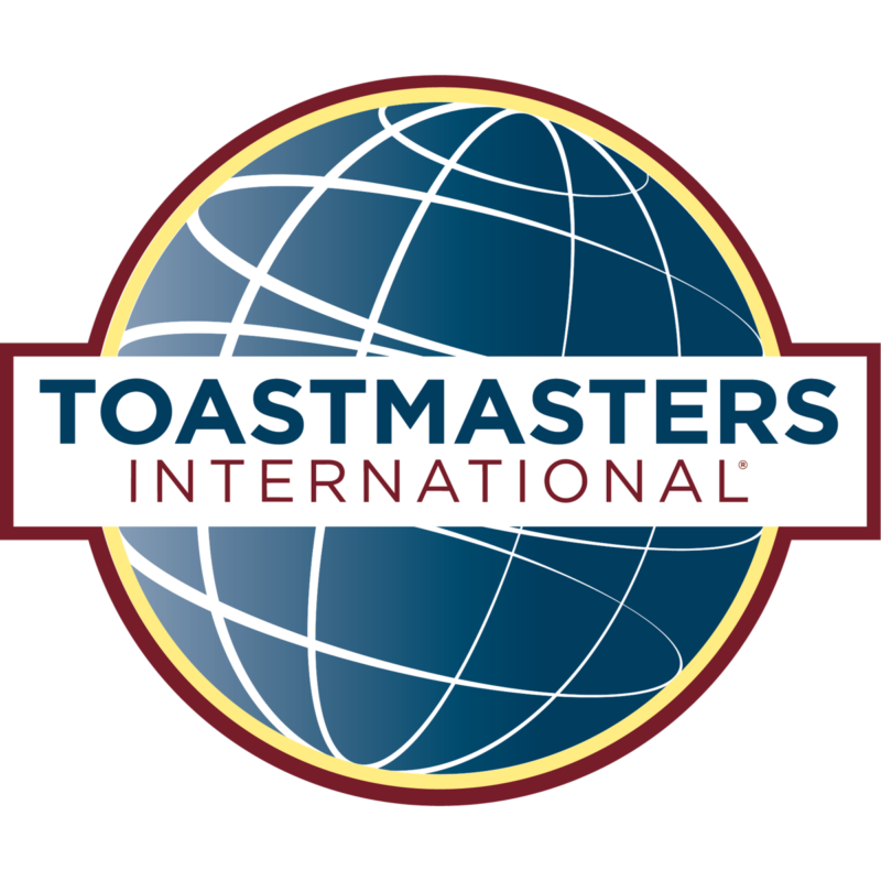 Toastmasters International Logo, blue globe with longitude and latitude lines, ringed by yellow and red