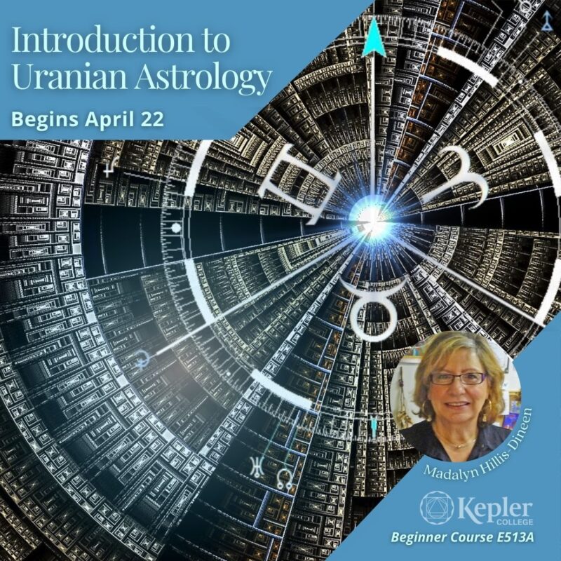 Course E513A Introduction to Uranian Astrology, Spiralling abstract symmetrical chart, with blue glowing center, aries, Taurus, gemini glyphs, portrait of Madalyn Hillis-Dineen, Kepler College logo