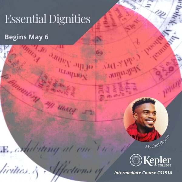 Large, imposing red sphere with vintage essential dignities table from the Renaissance in script writing overlaid, portrait of Mychal Bryan, Kepler College logo