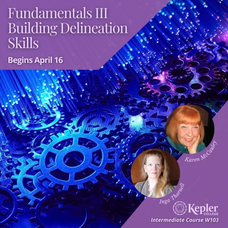 Intermediate Course W103, Fundamentals 3, Building Delineation Skills, blue and purple gears morphing into blue digital light beams, portraits of Karen McCauley and Inga Thornell, Kepler College logo