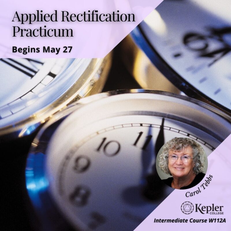 Course W112A Applied Rectification Practicum, Clock faces, portrait of Carol Tebbs, Kepler College logo