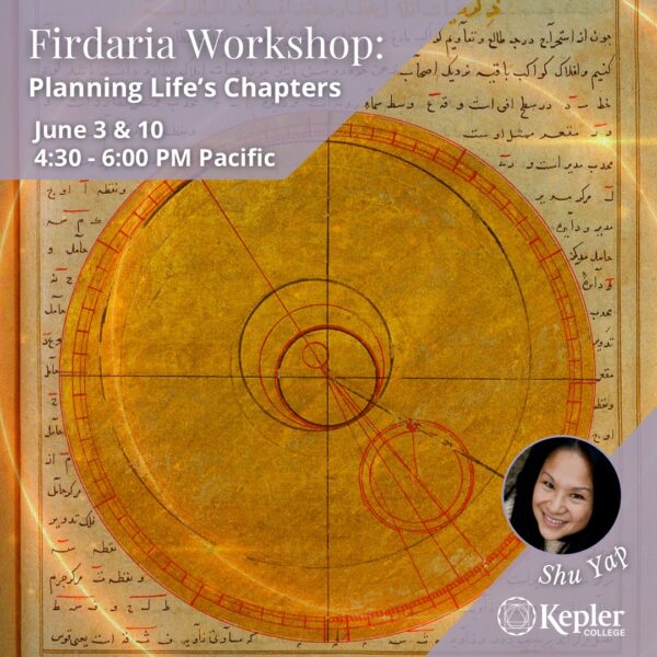 Firdaria Workshop, closeup of Persian manuscript with script writing and hand written diagram of astrology chart and planets inscribed, on gold leaf, portrait of Shu Yap, Kepler College logo