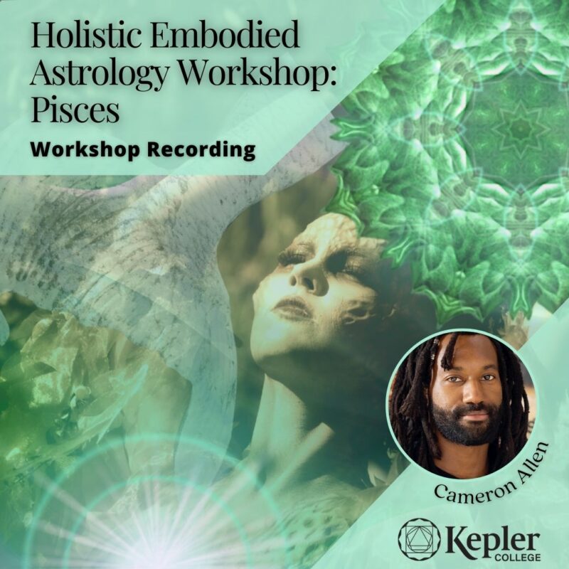 Holistic Embodied pisces Workshop Recording, mandala, fish tail, woman in ecstatic trance, pale green undersea tones, portrait of Cameron Allen, Kepler College logo