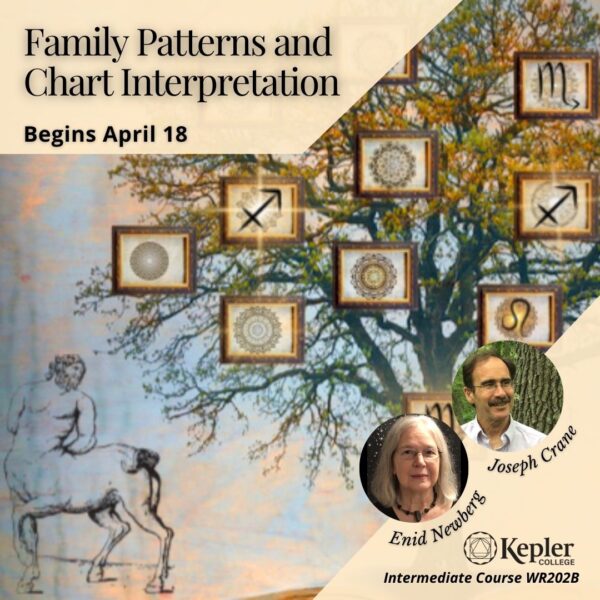 Course WR202B Family Patterns and Chart Interpretation, Centaur looking at painting of family tree with mandalas and zodiac glyphs, portraits of Enid Newberg and Jospeh Crane, Kepler College logo