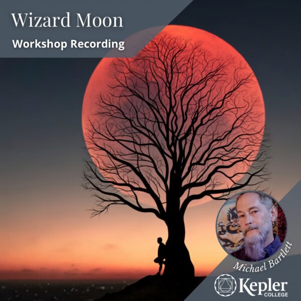 Workshop Recording wizard Moon, Red full moon at sunset behind silhouette of black leafless tree, silhouette of person leaning against it, portrait of Michael Bartlett, Kepler College logo