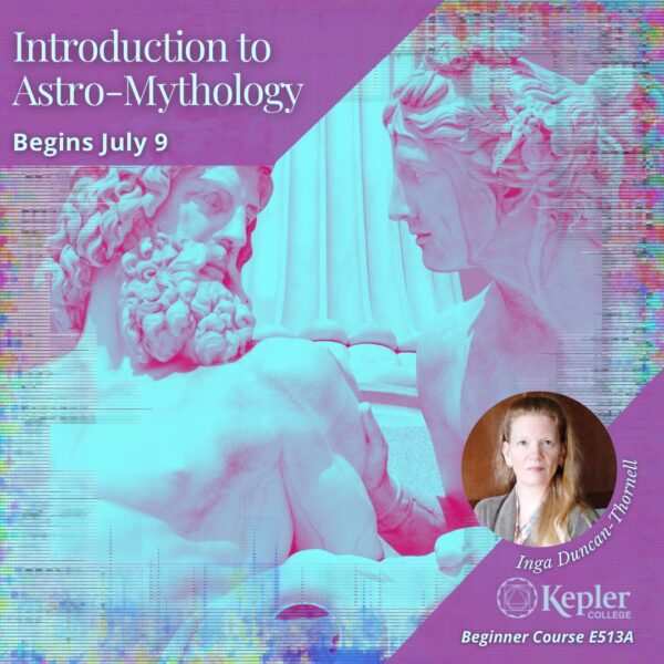 Abstract image of two Greek gods gazing at each other, as they sit by Greek column, framed by technicolor screen blur, portrait of Inga Duncan Thornell, Kepler College logo