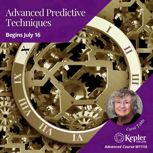 Gold interlocking clockworks and face, portrait of Carol Tebbs, Kepler College logo