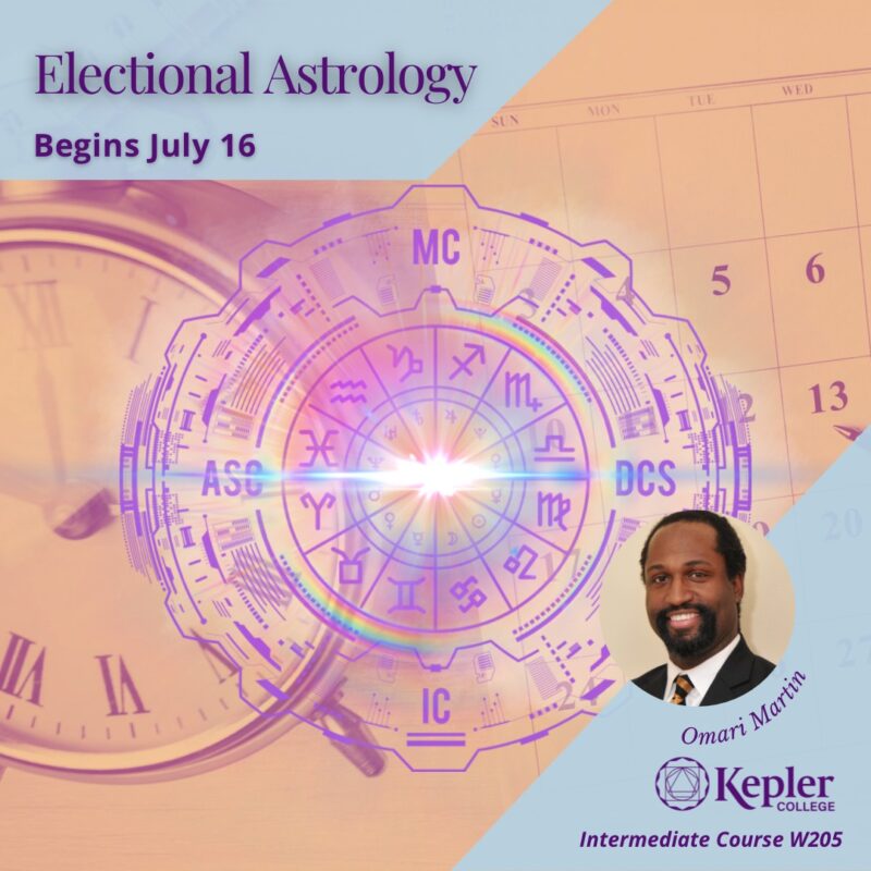 Clock and calendar in faded peach and purple tones, overlaid by astrology chart and zodiac wheel, rainbow lens flare, portrait of Omari Martin, Kepler College logo