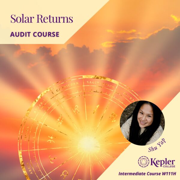 Brilliant sun at sunset, emanating rays through orange and purple clouds, golden zodiac wheel with sign names and glyphs superimposed, portrait of Shu Yap, Kepler College logo