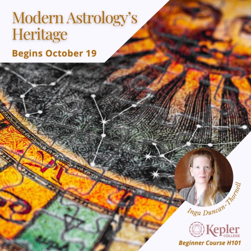 Renaissance style illustration of the sun with face, astrological chart with constellations and zodiac glyphs, with puzzle piece pattern overlaid on top, portrait of Inga Thornell, Kepler College logo