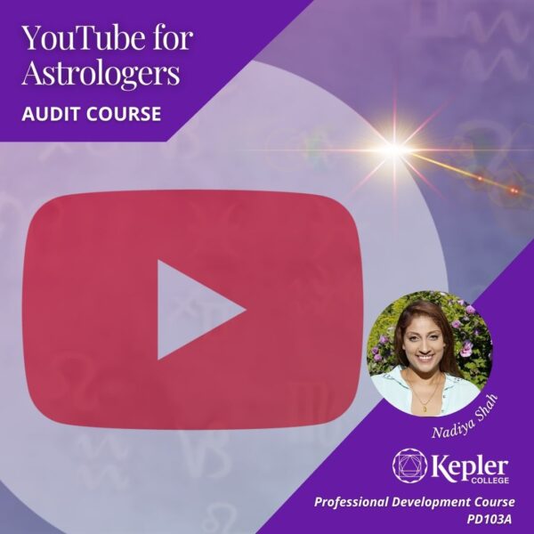 YouTube icon in circle, lavender/purple tones, shining light on edge of circle, floating transparent zodiac glyphs, portrait of Nadiya Shah, Kepler College logo