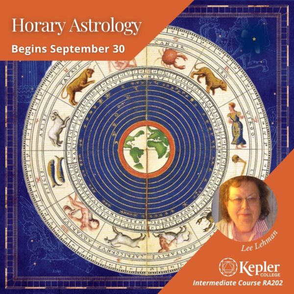 Renaissance painting depicting earth surrounded by cobalt blue and gold nested circles depicting Chaldean order of planets, encircled by zodiac symbols, portrait of Lee Lehman, Kepler College logo