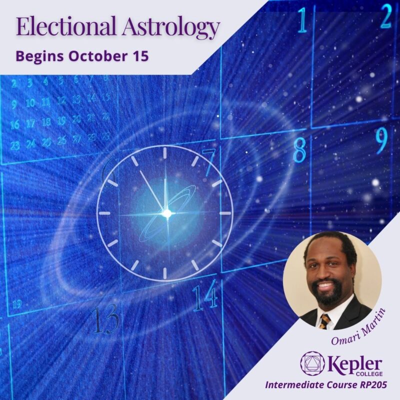 Calendar floating in space, cosmic rays emanating from date, clock face on that date, encircled with glowing lines, portrait of Omari Martin, kepler College logo