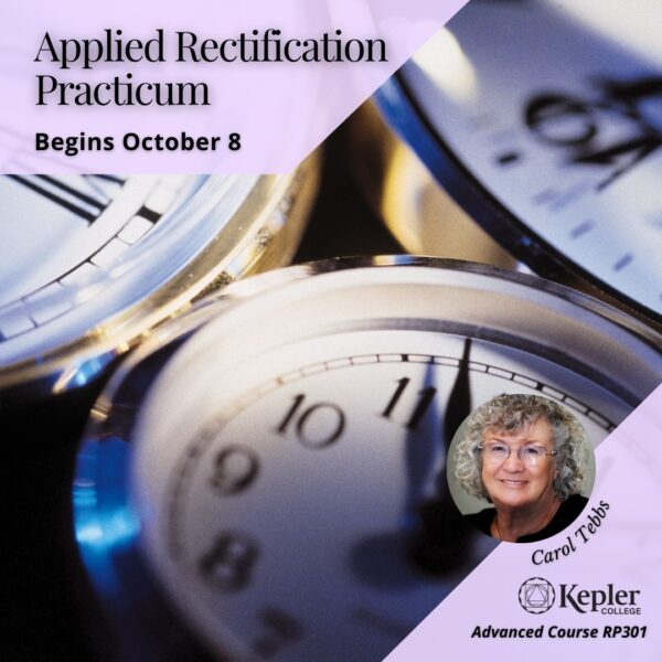 Mulitple black and white clock faces showing different times, portrait of Carol Tebbs, Kepler College logo