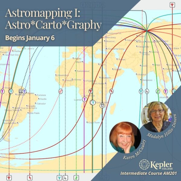 Astrocartography map with planetary lines indicated by glyphs, running across map of world, portraits of Madalyn Hilllis-Dineen, Kepler College logo