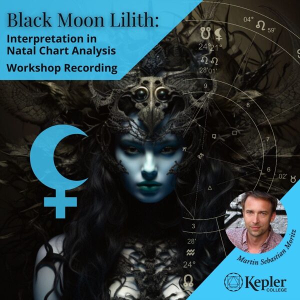 Photorealistic image of dark, brooding goddess in the shadows, wearing organic looking ceremonial headdress, portion of a natal astrology chart showing black moon Lilith and aspects, blue colored Black Moon Lilith glyph, portrait of Martin S. Mortiz, Kepler College logo