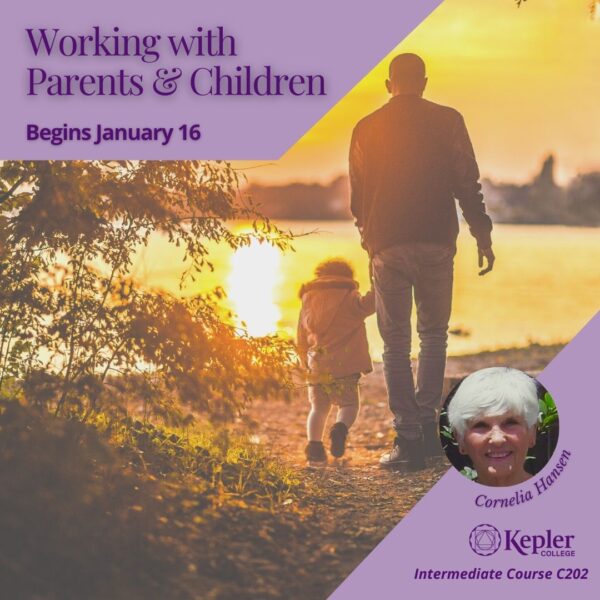 photograph in yellow and gold tones of silhouette’s from behind, father holding toddler’s hand by holding child’s hand at park by lake at sunset, portrait of Cornelia Hansen, Kepler College logo