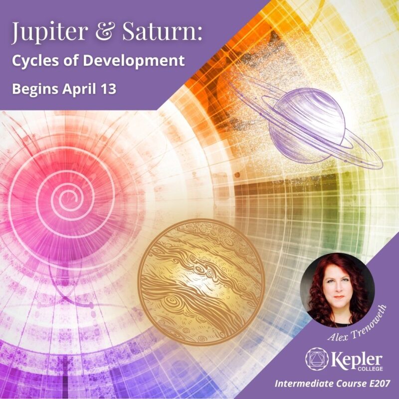 Multicolored spiraling patttern, illustrations of glowing gold Jupiter, purple line drawing of Saturn, portrait of Alex Trenoweth, Kepler College logo