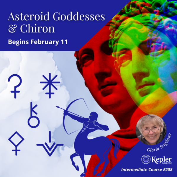 Split image of Greek goddess statue in red, electric green, and light blue, outline graphic of centaur pulling back bow and arrow, aiming at glyphs for Juno, Ceres, Chiron, Vesta, Pallas Athena floating against billowing clouds, portrait of Gloria Scigliano, Kepler College logo