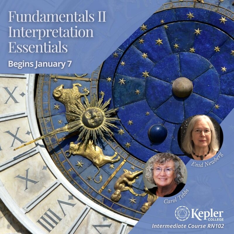 Close up picture of famous zodiac clock with golden three dimensional sculptures of symbols, Roman numerals, portraits of Carol Tebbs and Enid Newberg, Kepler College logo