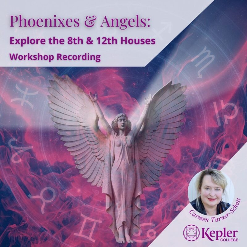Angel statue with outstretched arms and wings overlaid on fiery, flaming Phoenix, zodiac wheel, lights emanating/spotlighting the 8th and 12th houses, portrait of Carmen Turner-Schott, Kepler College logo