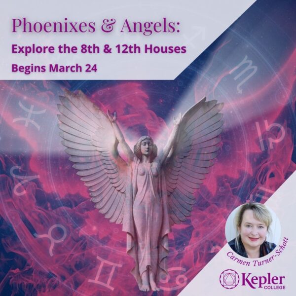 Zodiac wheel, angel statue with wings out and arms raised, inside of phoenix suggested by flames, beams of light highlighting eight and twelfth houses, scorpio and pisces glyphs, portrait of Carmen Turner Schott, Kepler College logo