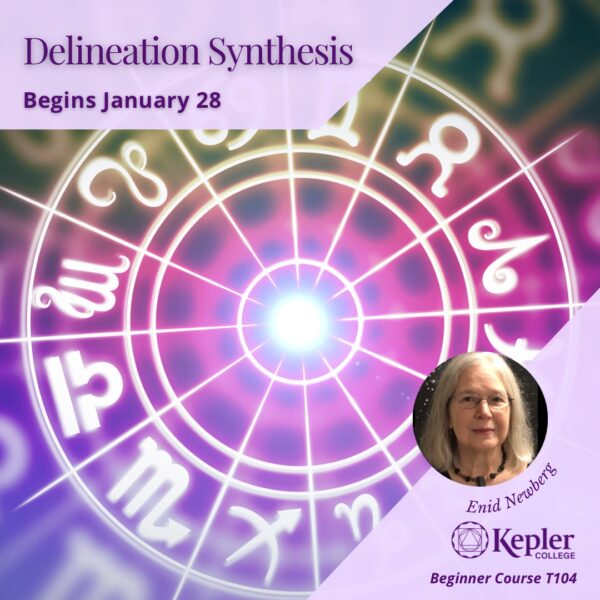 Spinning, glowing multilayered zodiac wheel in shades of pink, purple, and green, glowing center, portrait of Enid Newberg, kepler College logo