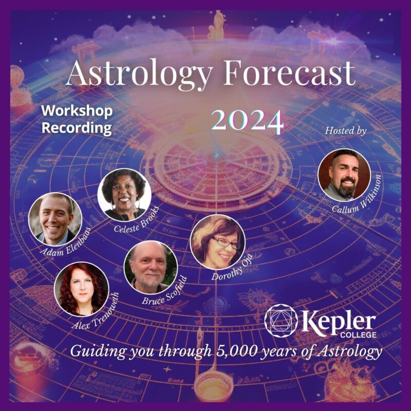 Three dimensional astrology chart with various objects representing planets—candles, statues, in shades of purple, pink mist emanating from center, portraits of Alex Trenoweth, Bruce Scofield, Dorothy Oja, Adam Elenbaas, Celeste Brooks, Kepler College logo