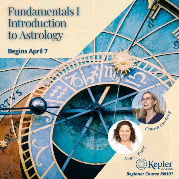 Famous Belgian clock face with zodiac symbols, gold and teal colors, portraits of Donna Young and Vanessa Lundborg, kepler College logo