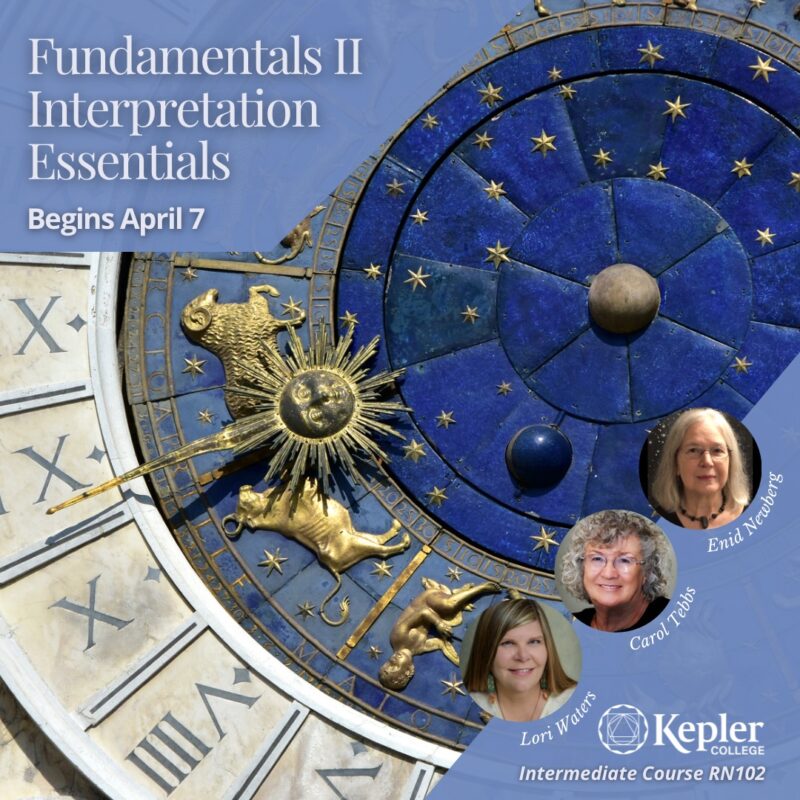 Famous blue, gol, white public clock face with stars and zodiac symbols, portraits of Carol Tebbs, Enid Newberg, and Lori Waters, Kepler College logo