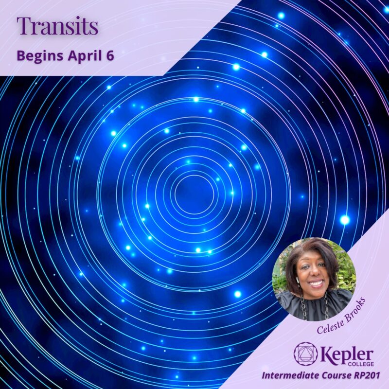 Blue and purple glowing concentric circles on black, many glowing blue orbs traveling along these circles, portrait of Celeste Brooks, Kepler College logo