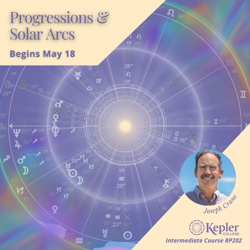 Two astrology charts in biwheel, natal on the inside and progressions on the outside, in glowing white against purple background, wit glowing sun at center, and luminescent rainbow halo encircling both charts, portrait of joseph Crane, Kepler College logo