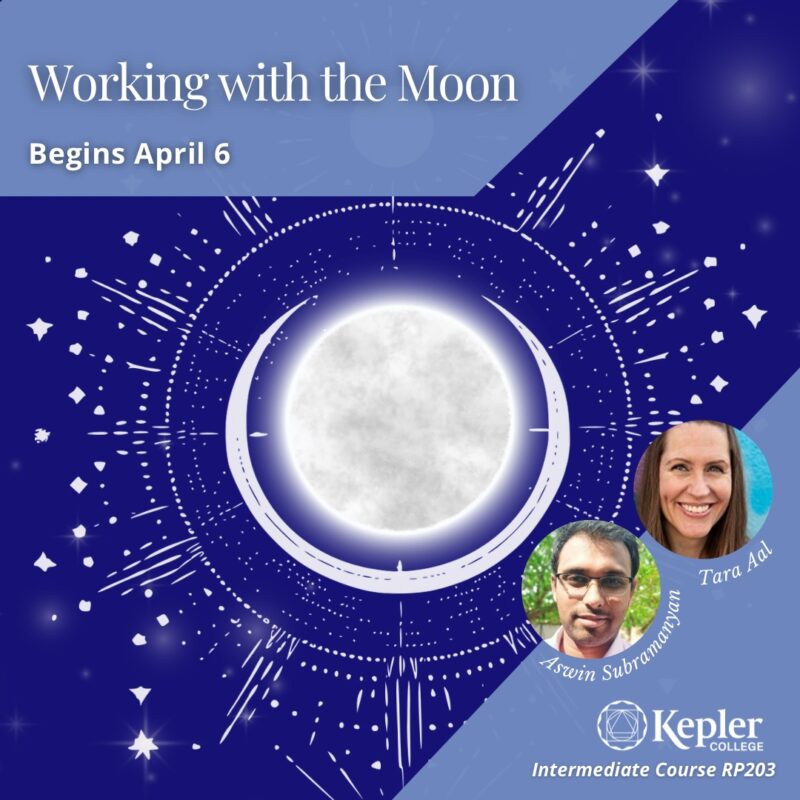 Full moon inlaid in celestial vintage sigil like drawing, encircled by crescent graphic, and radiating lines, marks, stars, portraits of Tara Aal and Aswin Subramanyan, Kepler College logo