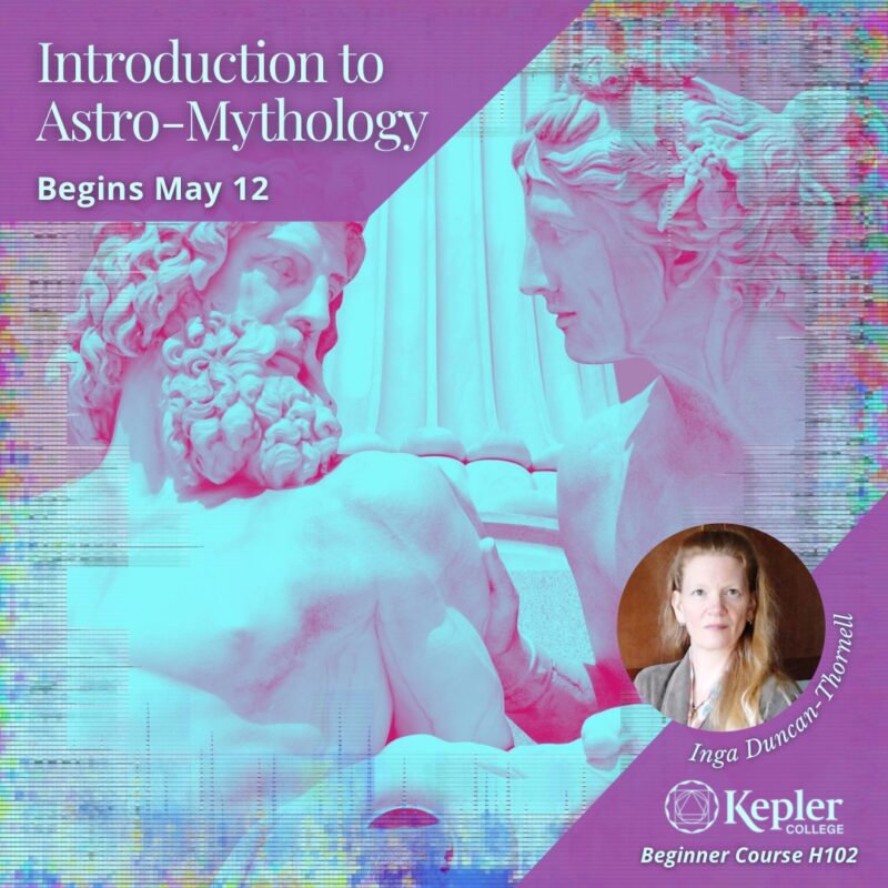 Photograph of ancient statues of Greek gods Zeus and Hera having an intimate face to face conversation beside classic Greek column, shades of aqua and fuchsia, technicolor modern static around the borders, portrait of Inga Thornell, kepler College logo