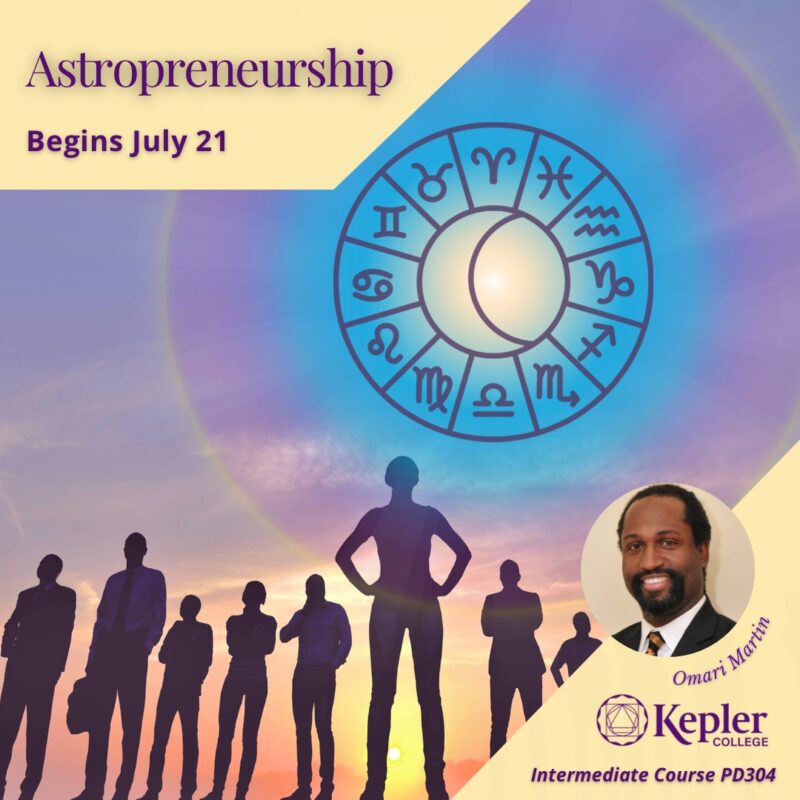 Silhouettes of a group of people standing against purple, yellow, and blue tinged sunrise sky, appearing to take on a challenge—hand on hips, one holding a briefcase, glowing zodiac wheel above them, portrait of Omari Martin, Kepler College logo