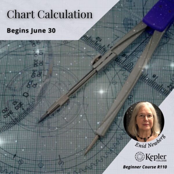 Compass and protractors lying on graph paper, drawn wheels, Starry field overlay, portrait of Enid Newberg, Kepler College logo