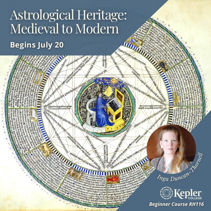 medieval astrology chart from manuscript showing aspect line, paintings of zodiacal symbols, ring of Latin script, inner circle painting of astrologer at desk, sun with face above, portrait of Inga Thornell, Kepler College logo