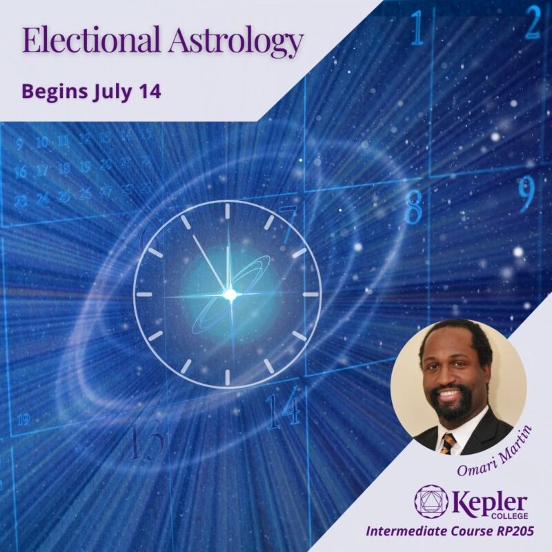 Three dimensional calendar in space, dark blue, warp speed light trails from stars, clock face on a date square, ethereal circles around it, portrait of Omari Martin, Kepler College logo