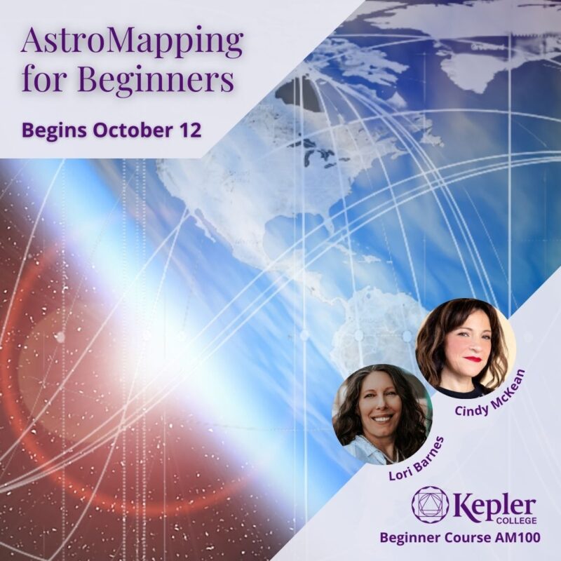 Earth from space, glowing sun appearing at horizon, astromapping planetary lines and continents, portraits of Cindy McKean and Lori Barnes, Kepler College logocontinets
