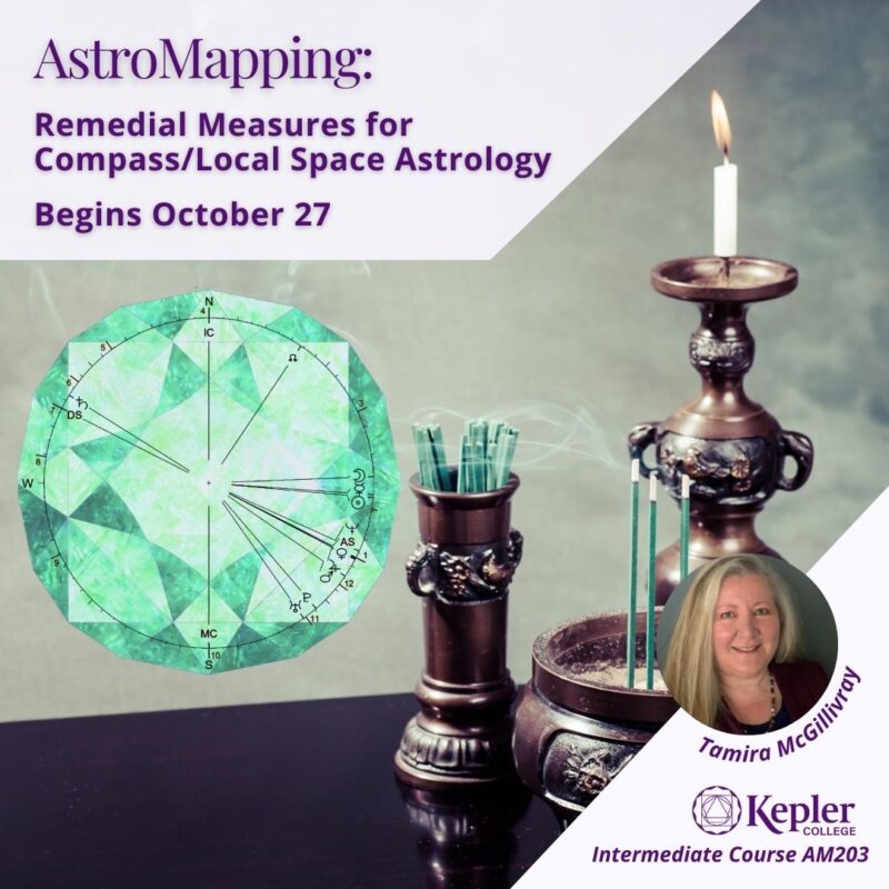 Ornate incense and candle holders on dark table,m green incense sticks, one burning with lit candle, green faceted gemstone overlaid with local space natal chart, portrait of Tamira McGillivray, Kepler College logo
