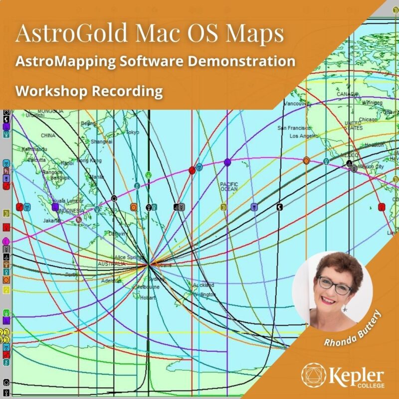 AstroGold Mapping Software screen view, planetary lines over China, Australia, West Coast United States, portrait of Rhonda Buttery, Kepler College logo