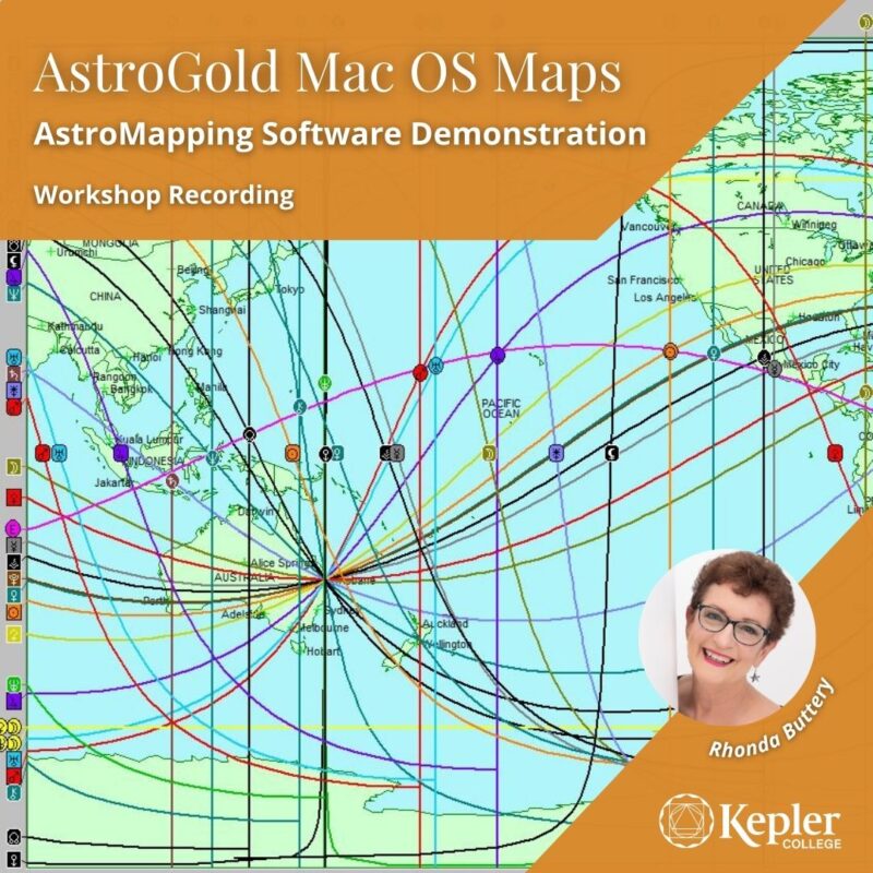 AstroGold Mapping Software screen view, planetary lines over China, Australia, West Coast United States, portrait of Rhonda Buttery, Kepler College logo